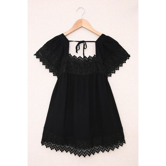 Azura Exchange  Black Lace Pom Pom Splicing Square Neck Blouse - Picture 6 of 7